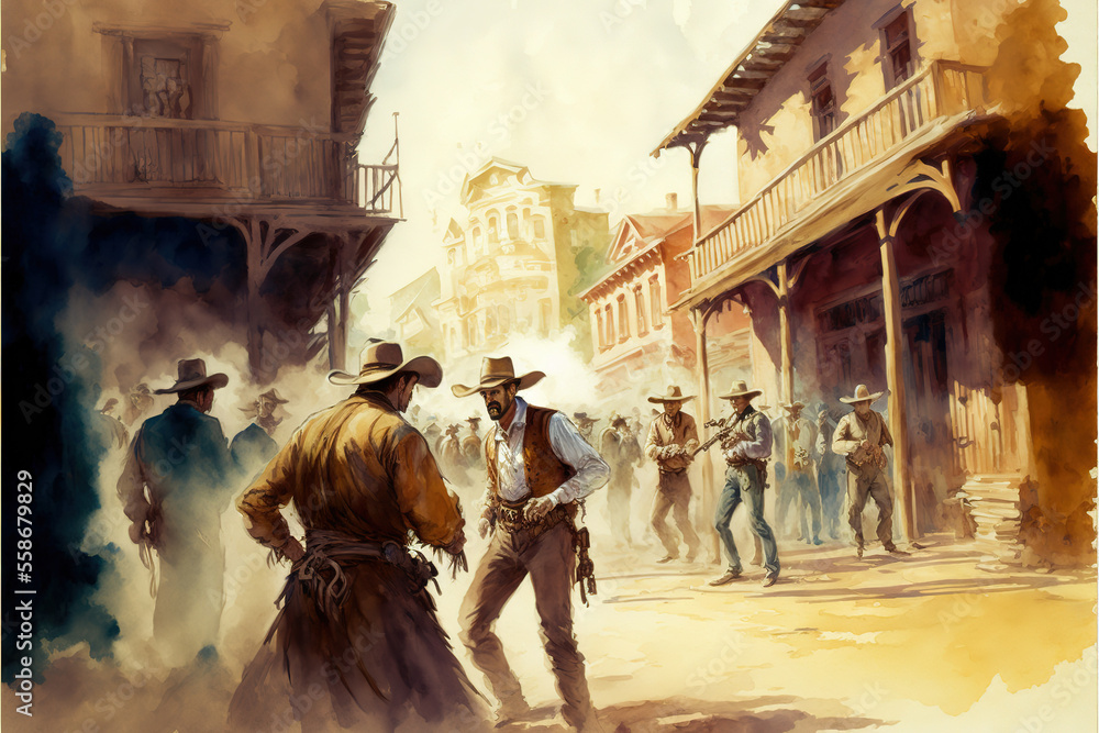 Cowboy art. Old western town illustration with cowboys and outlaws  fighting. Wild west scene of cowboys facing off enemies. Chaos in a  cinematic cowboy artwork. Generative AI Illustration Stock | Adobe Stock