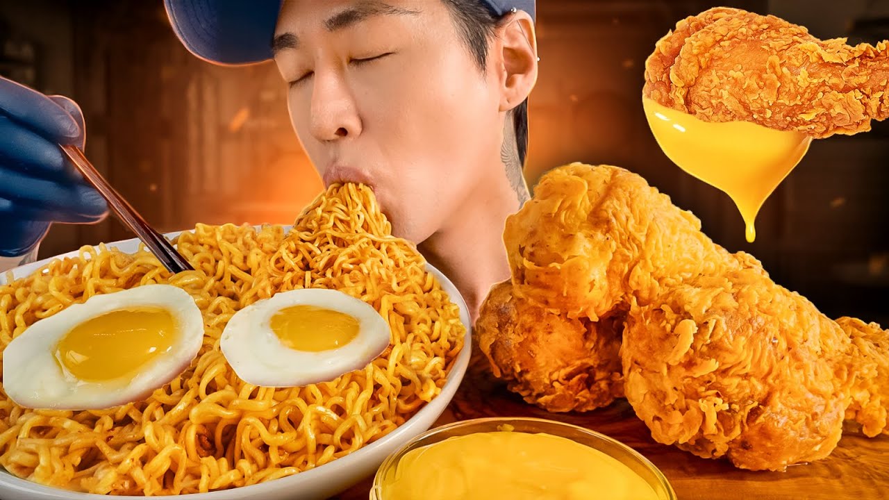 ASMR MUKBANG INDOMIE MI GORENG & FRIED CHICKEN | COOKING & EATING SOUNDS |  Zach Choi ASMR