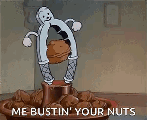a cartoon character is standing on top of a pile of nuts and holding a nutcracker .