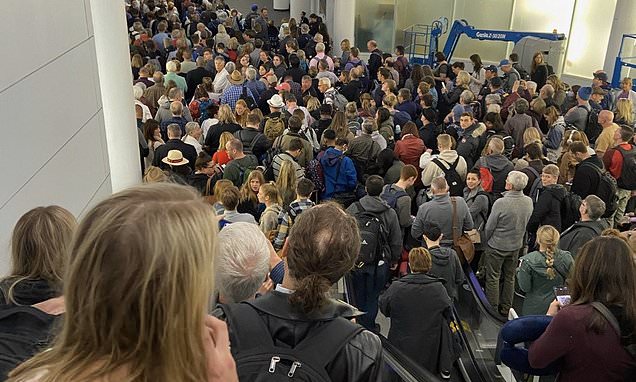 Chaos at 13 funnel airports with lines as long as six hours to get from the plane to