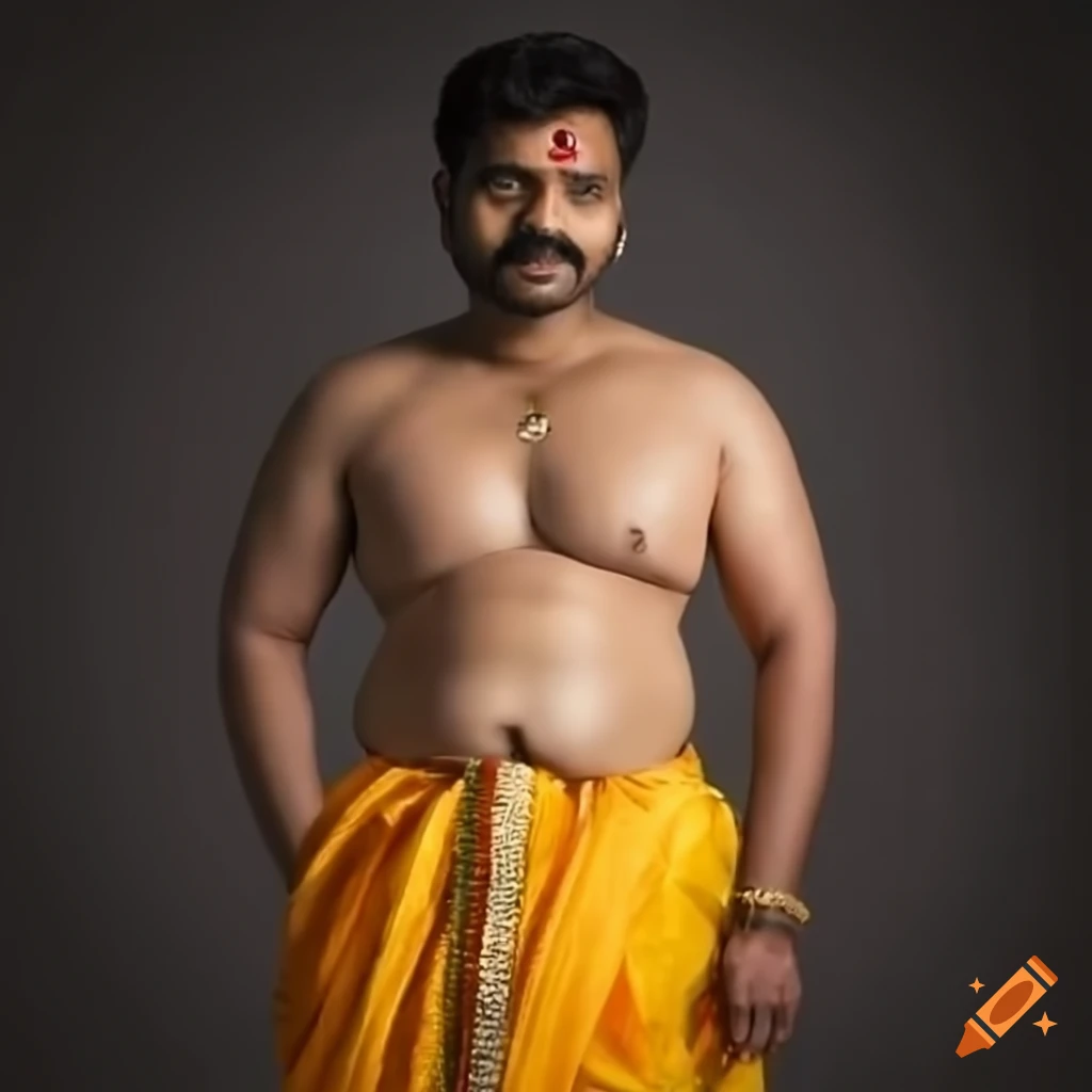 Indian man with dhoti and round navel belly on Craiyon