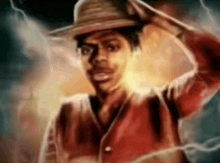 a painting of a man wearing a cowboy hat and a red jacket