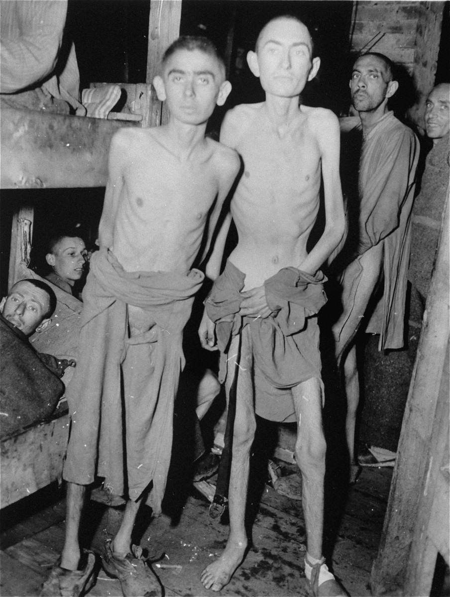 Emaciated Jewish survivors pose in a barracks in the newly liberated  Ampfing concentration camp, a sub-camp of Dachau. - Collections Search -  United States Holocaust Memorial Museum