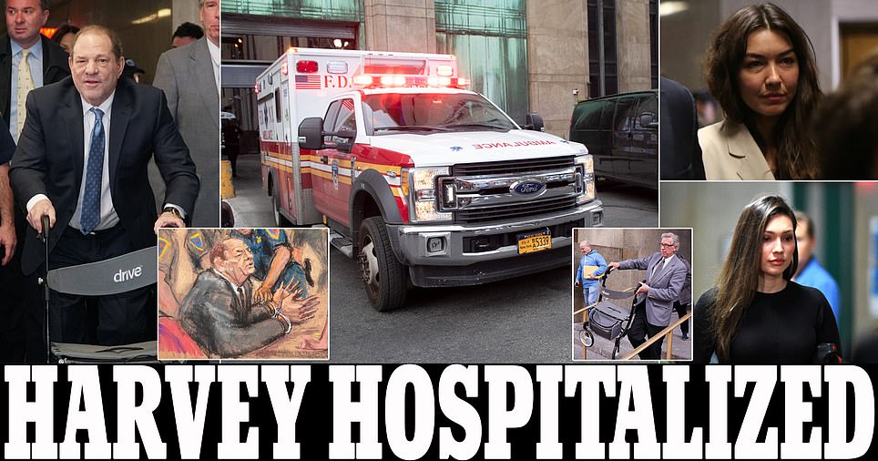 Harvey Weinstein is rushed to hospital by ambulance, strapped to a stretcher in his suit