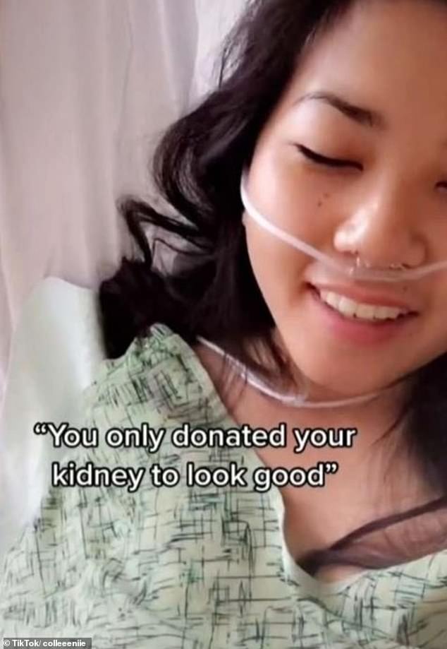 Colleen Le (pictured), who lives in America, has gone viral on TikTok for a series of clips claiming she was dumped less than a year after donating a kidney to her then boyfriend