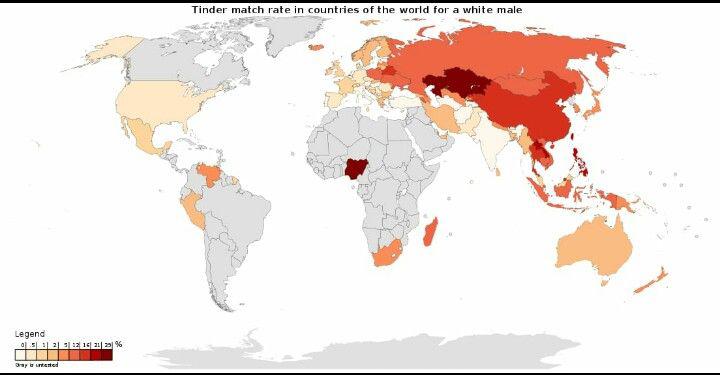 Tinder match rate across the world for a white male : MapPorn