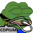 a green frog with a rope around its neck is crying and holding a sign that says copium . a green frog with a rope around its neck is crying and holding a sign that says copium .