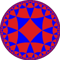 A disk tiled by triangles and quadrilaterals which become smaller and smaller near the boundary circle. A disk tiled by triangles and quadrilaterals which become smaller and smaller near the boundary circle.